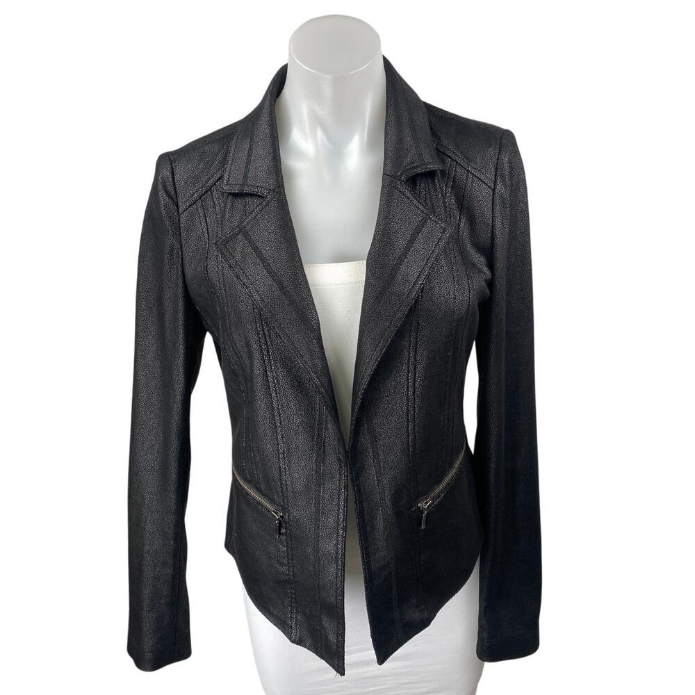 Charlie B Black Faux Vegan Leather Long Sleeve Collared Moto Coat Jacket Size XS